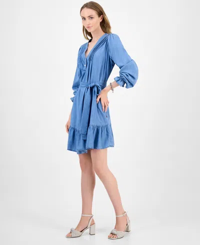 Tommy Hilfiger Women's Belted Ruffled Chambray Dress In Blue