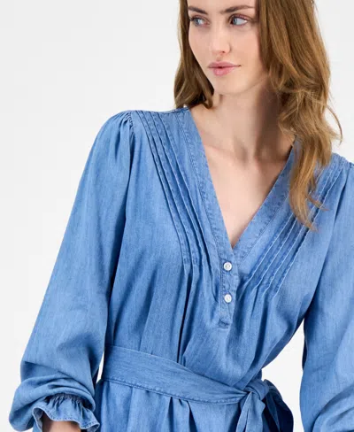 Tommy Hilfiger Women's Belted Ruffled Chambray Dress In Blue