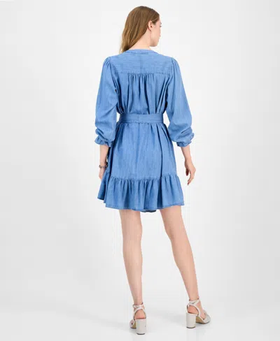 Tommy Hilfiger Women's Belted Ruffled Chambray Dress In Blue
