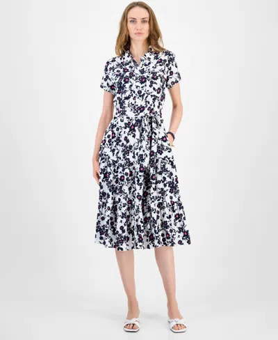 Tommy Hilfiger Women's Floral Belted Tiered Shirtdress In Black