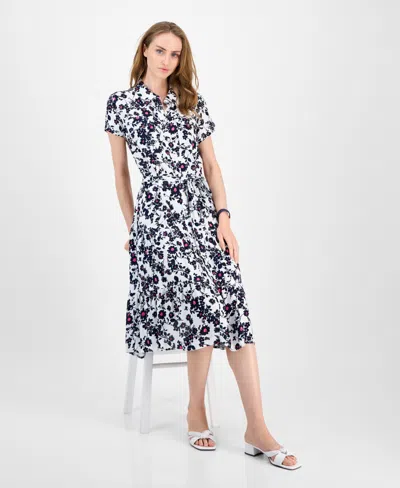 Tommy Hilfiger Women's Floral Belted Tiered Shirtdress In Black