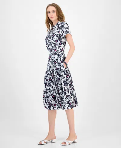 Tommy Hilfiger Women's Floral Belted Tiered Shirtdress In Black