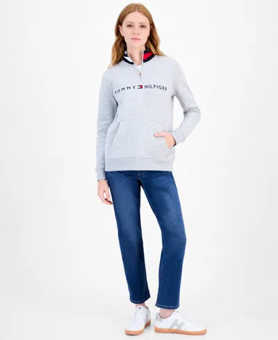 Tommy Hilfiger Women's Quarter Zip Embroidered Logo Sweatshirt In Gray