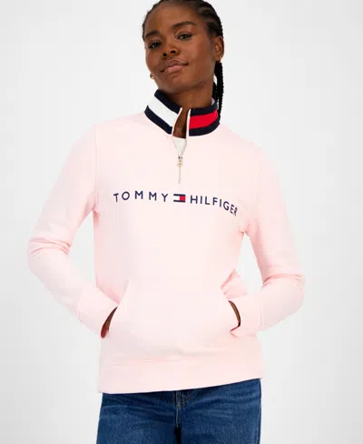 Tommy Hilfiger Women's Quarter Zip Embroidered Logo Sweatshirt In Pink