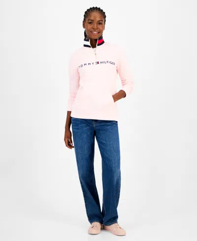 Tommy Hilfiger Women's Quarter Zip Embroidered Logo Sweatshirt In Pink