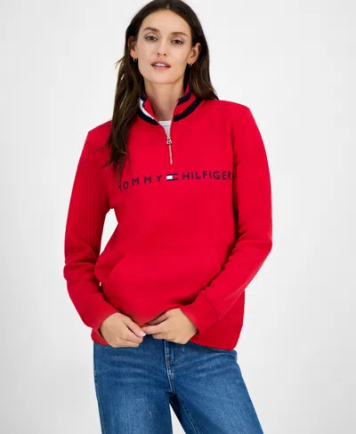 Tommy Hilfiger Women's Quarter Zip Embroidered Logo Sweatshirt In Red
