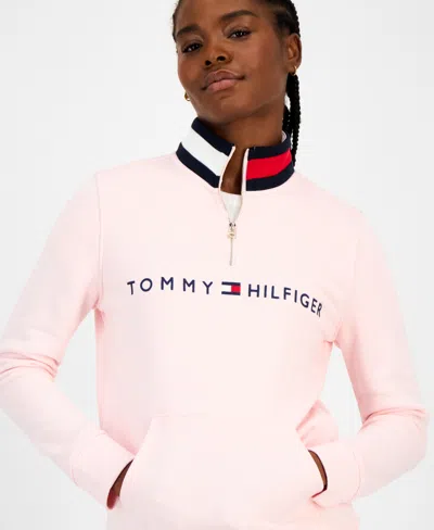 Tommy Hilfiger Women's Quarter Zip Embroidered Logo Sweatshirt In Pink