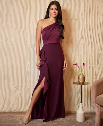 Adrianna Papell One-shoulder Satin & Crepe Gown In Burgundy