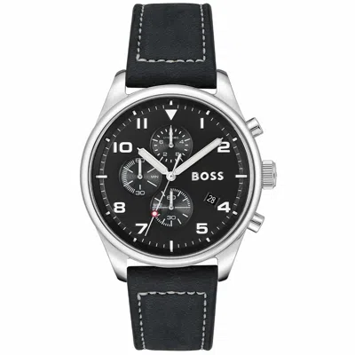 Hugo Boss Black Leather Dress Watch In Black