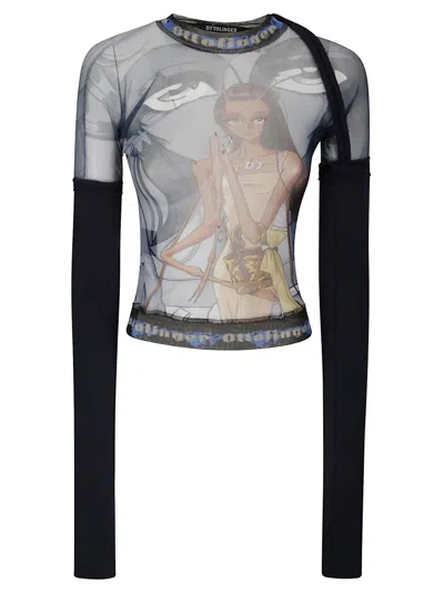 Ottolinger Julien Ceccaldi Printed Mesh Top With Sleeves In Black