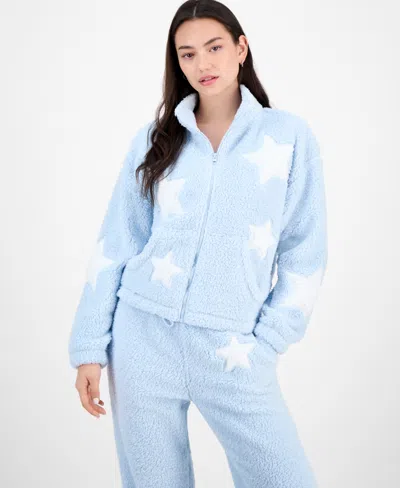 Madden Girl Juniors Star Sherpa Zip Up Sherpa Fleece Sweatpants In Blue