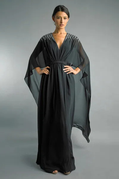 Basix Black Label Chiffon Caplet Beaded Gown In Black