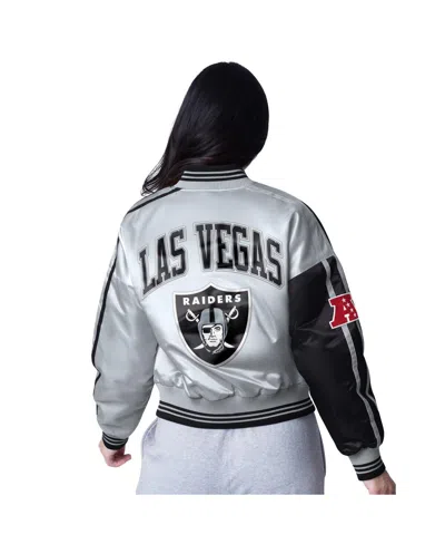 Starter Women's Black/silver Las Vegas Raiders Zone Blitz Cropped Full-snap Satin Jacket In Multi