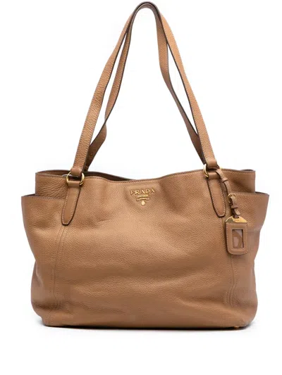 Pre-owned Prada 2000-2025 Vitello Daino Double Pocket Tote Bag In Brown