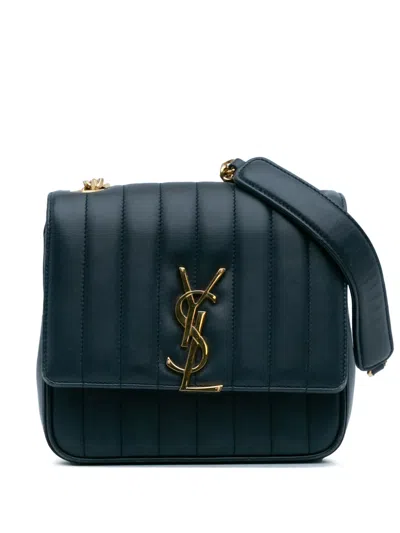 Pre-owned Saint Laurent 2018 Medium Lambskin Monogram Vicky Chain Bag Crossbody Bag In Blue