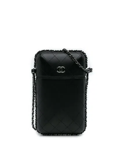Pre-owned Chanel 2019 Cc Quilted Lambskin Chain Around Phone Holder Crossbody Bag In Black