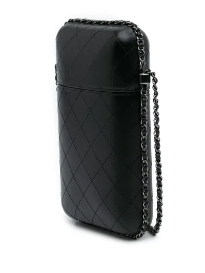 Pre-owned Chanel 2019 Cc Quilted Lambskin Chain Around Phone Holder Crossbody Bag In Black