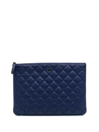 Pre-owned Chanel 2015-2016 Medium Quilted Lambskin O Case Clutch Bag In Blue