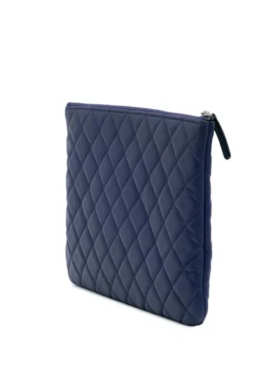 Pre-owned Chanel 2015-2016 Medium Quilted Lambskin O Case Clutch Bag In Blue