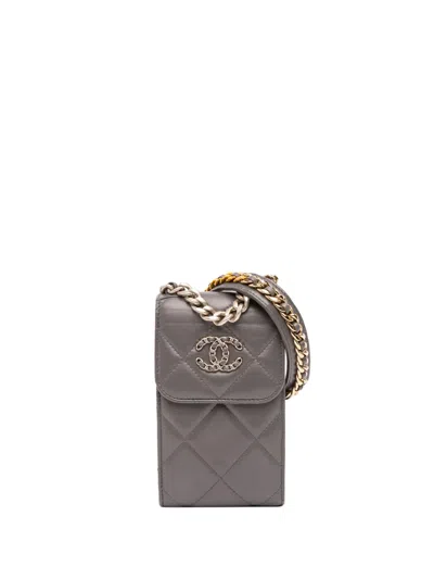 Pre-owned Chanel 2021-2025 Lambskin 19 Phone Holder With Chain Crossbody Bag In Gray