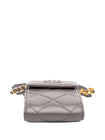 Pre-owned Chanel 2021-2025 Lambskin 19 Phone Holder With Chain Crossbody Bag In Gray