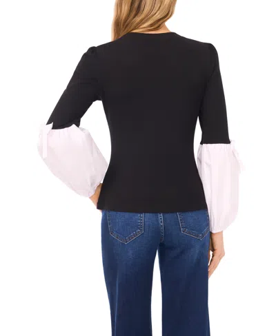 Cece Mixed Media Balloon Sleeve Sweater In Black