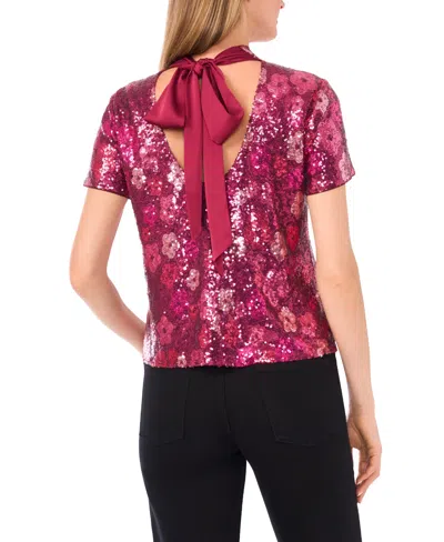 Cece Sequin Flower Mock Neck Top In Pink