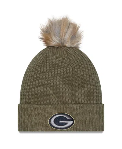 New Era Women's Dark Green Green Bay Packers 2025 Salute To Service Cuffed Knit With Pom Hat In Brown