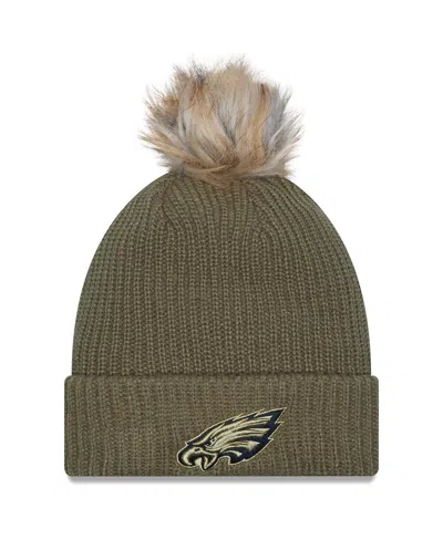 New Era Women's Dark Green Philadelphia Eagles 2025 Salute To Service Cuffed Knit With Pom Hat In Brown