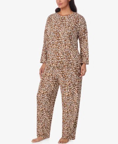 Ellen Tracy Plus Size Printed Round Neck Top And Pants Pajama Set In Brown
