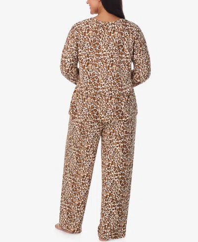 Ellen Tracy Plus Size Printed Round Neck Top And Pants Pajama Set In Brown