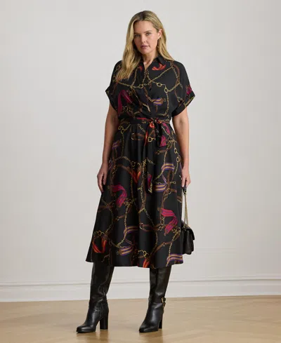 Ralph Lauren Plus Size Belting-print Belted Crepe Dress In Multi