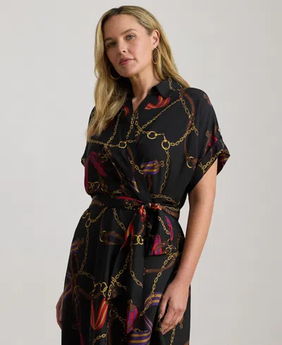 Ralph Lauren Plus Size Belting-print Belted Crepe Dress In Multi