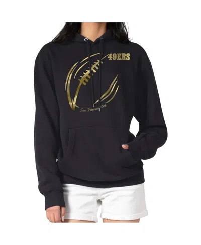 G-iii 4her By Carl Banks Women's Black/gold San Francisco 49ers Metallic Print Football Sketch Fleece Crewneck Sweatshirt In Black