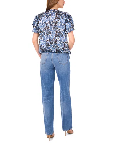 Vince Camuto Floral Print Tulip Sleeve Wrap Top In Blue