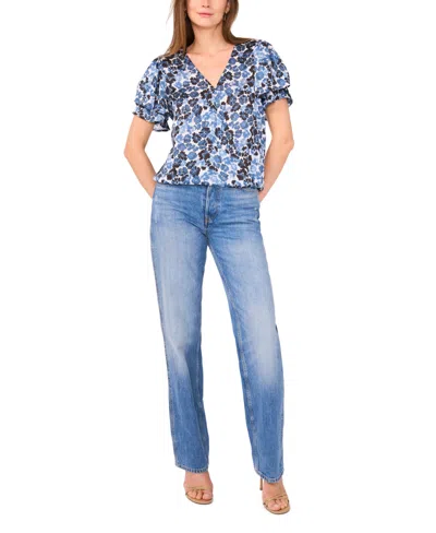 Vince Camuto Floral Print Tulip Sleeve Wrap Top In Blue