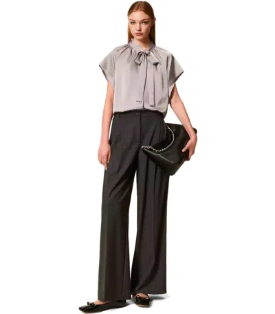 Twinset Grey Palazzo Pants With Logo Plaque On The Rear And Pences In Viscose Blend Stretch Woman In Black
