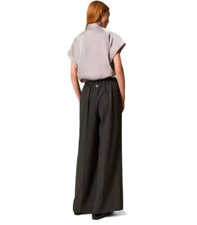 Twinset Grey Palazzo Pants With Logo Plaque On The Rear And Pences In Viscose Blend Stretch Woman In Black