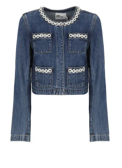 Self-portrait Cropped Denim Jacket With Crystal Chain Trims In Blue