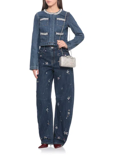 Self-portrait Cropped Denim Jacket With Crystal Chain Trims In Blue
