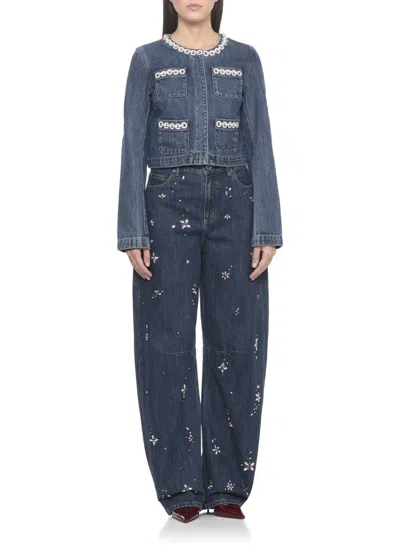 Self-portrait Cropped Denim Jacket With Crystal Chain Trims In Blue