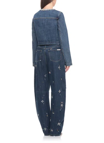 Self-portrait Cropped Denim Jacket With Crystal Chain Trims In Blue