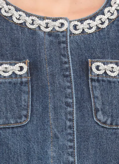 Self-portrait Cropped Denim Jacket With Crystal Chain Trims In Blue