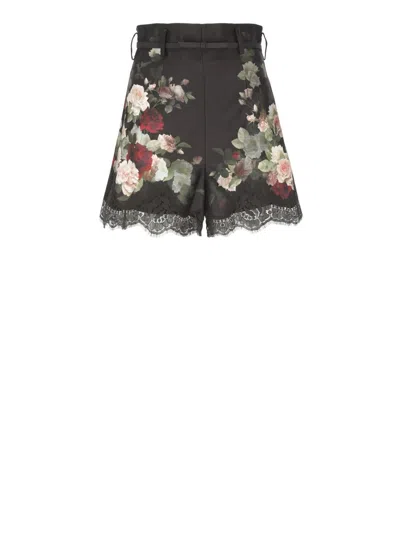 Zimmermann Belted Lace-trimmed Floral-print Silk And Cotton-blend Twill Shorts In Black