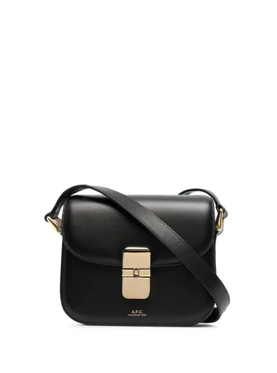 Apc A.p.c. Compact Black Calf Leather Shoulder Bag With Adjustable Strap In Black