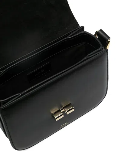 Apc A.p.c. Compact Black Calf Leather Shoulder Bag With Adjustable Strap In Black