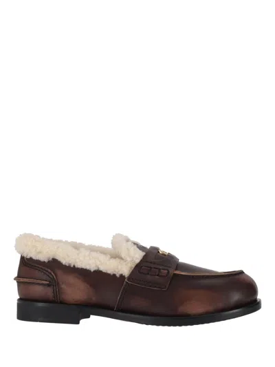 Miu Miu Bleached Leather And Shearling Penny Loafers In Brown