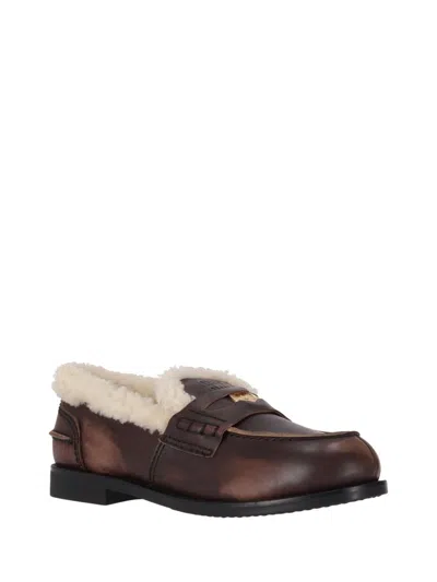 Miu Miu Bleached Leather And Shearling Penny Loafers In Brown