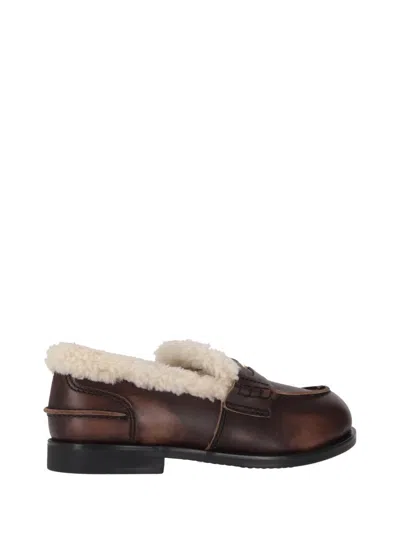 Miu Miu Bleached Leather And Shearling Penny Loafers In Brown