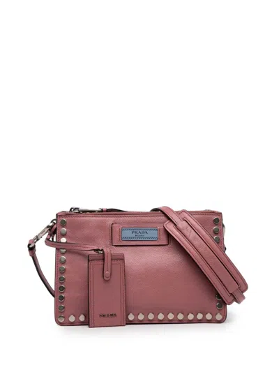 Pre-owned Prada 2000-2025 Glace Calf Studded Etiquette Crossbody Bag In Pink